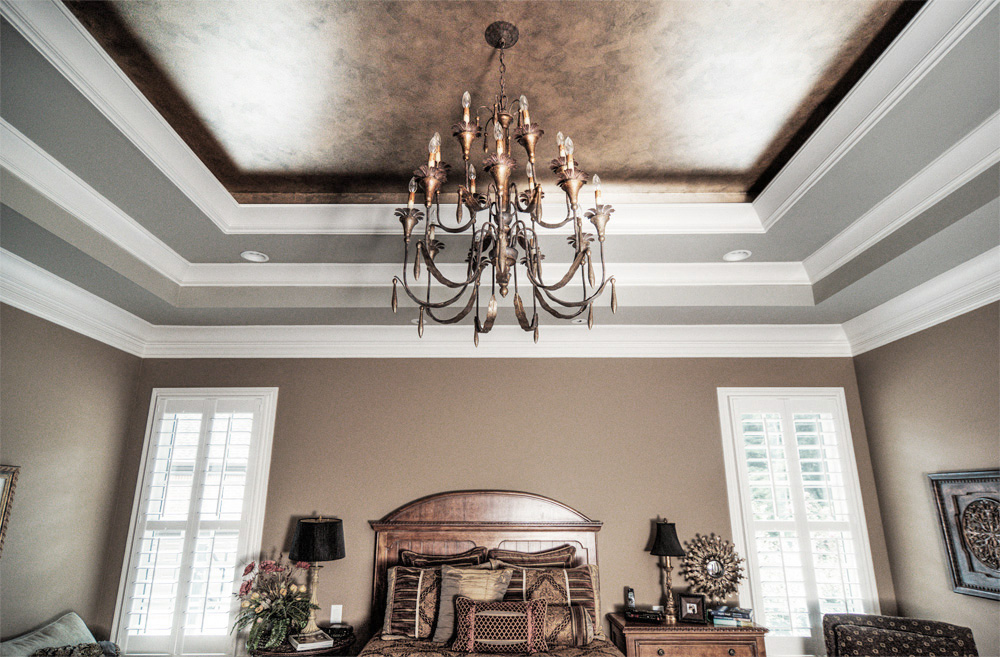 A bronze, silver and gold metallic ceiling with an accent colored tray-ceiling was the perfect combination for this Franklin, TN customer's bedroom.