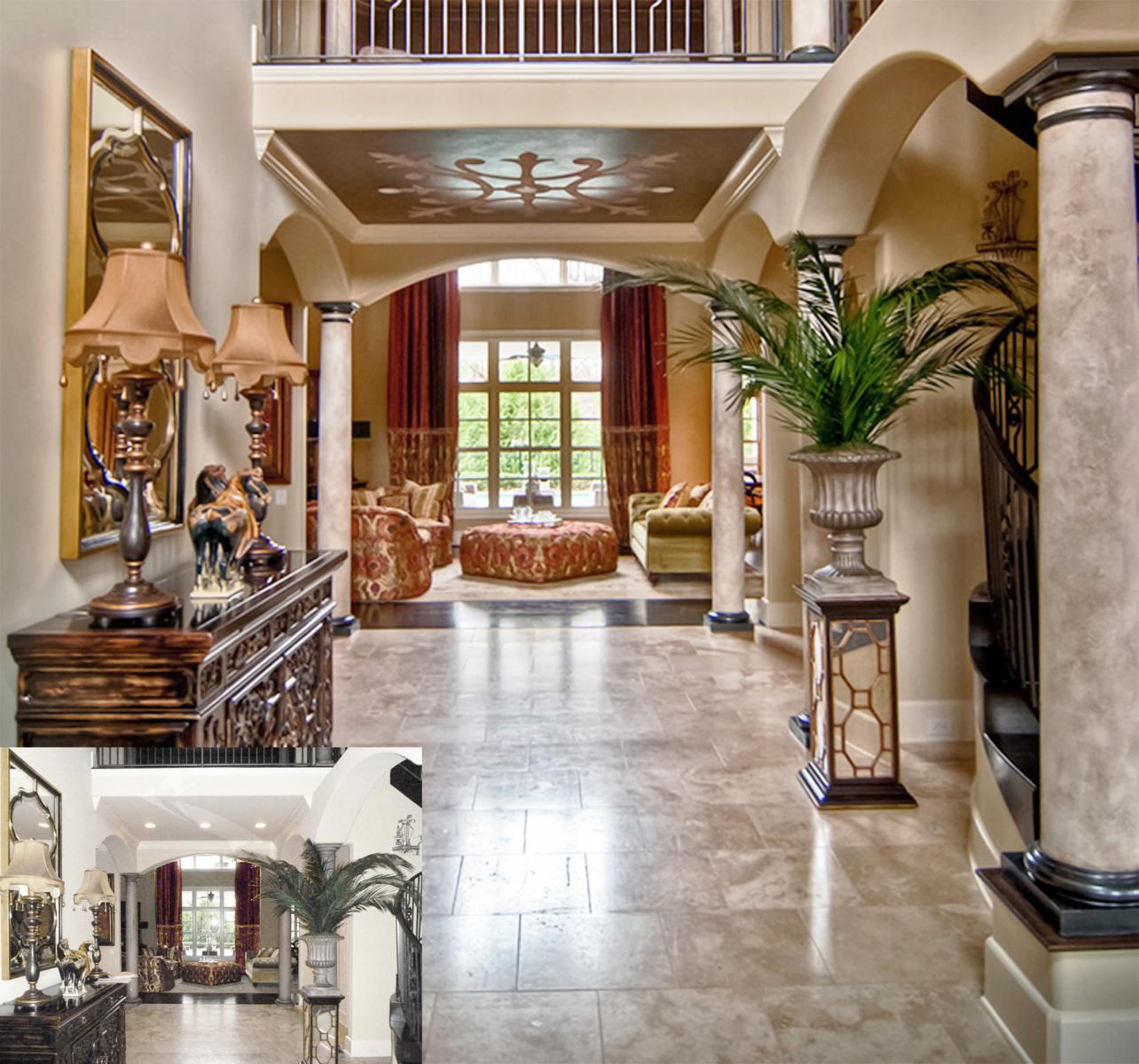 Spanish faux stone columns, bronze caps and custom stone and metal ceiling mural.