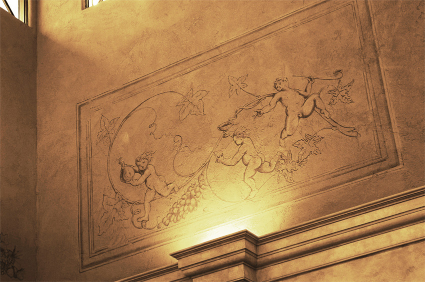 Private Client  - Close-up - Upper European plaster and glaze walls support hand painted sepia tone grisaille trompe l'oeil fresco panels – just beautiful.