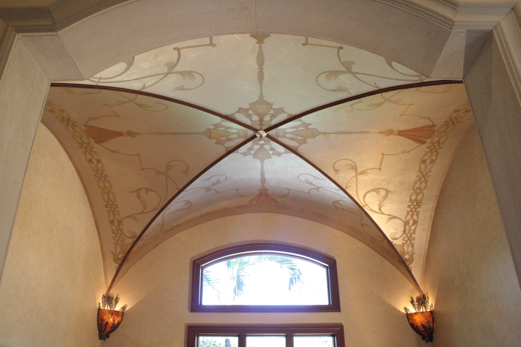 Hand enhanced stencil ceiling designs.