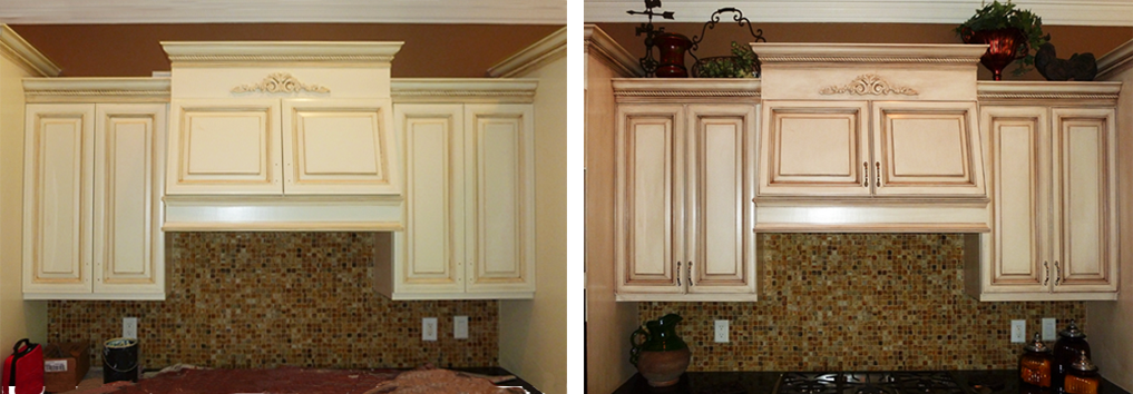 Before and After – These kitchen cabinets and breakfast bar were given a new life with modern color mixture and furniture glazing technique in Franklin, TN.