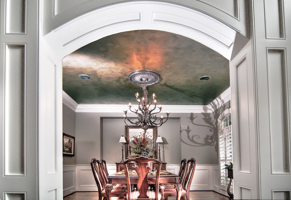 Copper and charcoal metallic ceiling glaze a faux iron patina chandelier medallion and modern paint colors complete this Franklin, TN customer’s dining room makeover.