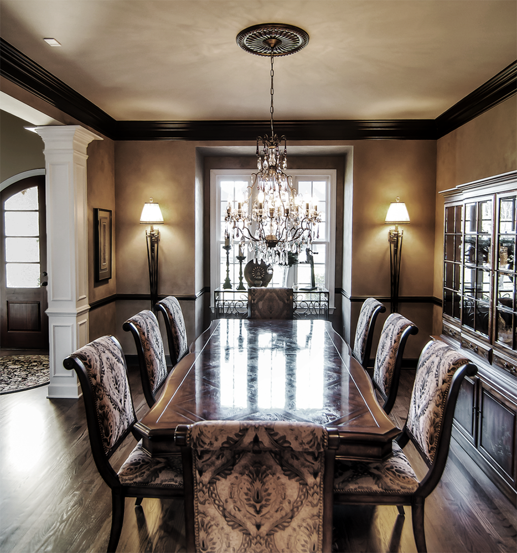 Shimmering Lusterstone walls with metallic bronze painted trim and color tinted ceiling.