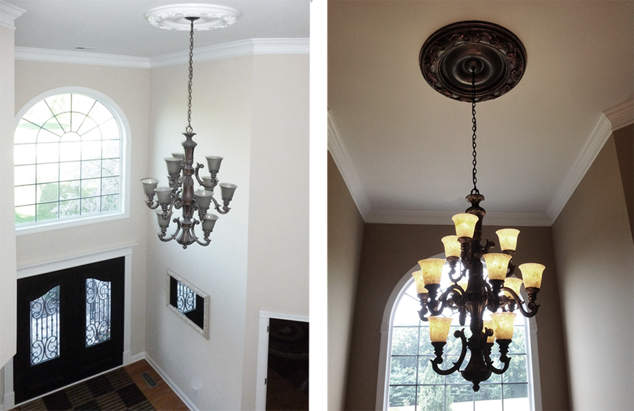 Before and After - meledallion and glass globes makeover.