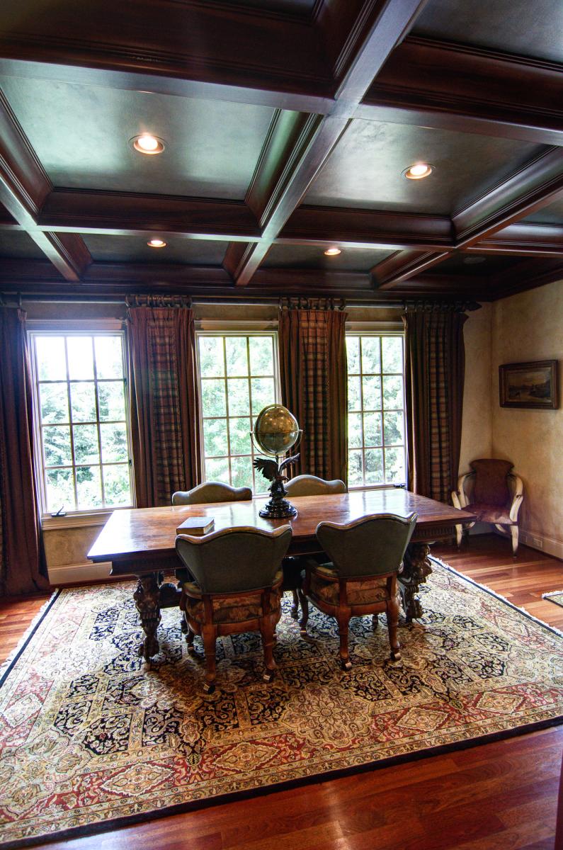 Wood grained coffer ceiling with faux bronze panels in this Brentwood client’s study.