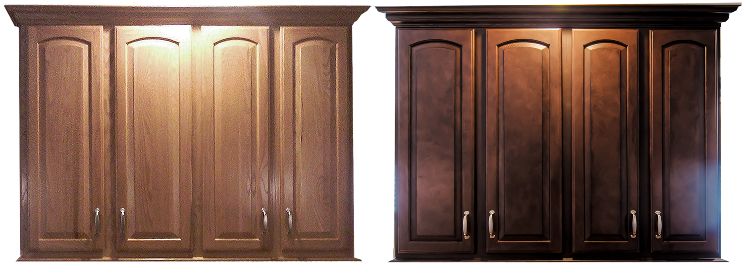 Kitchen cabinet refinishing before and after view - in a rich furniture finish