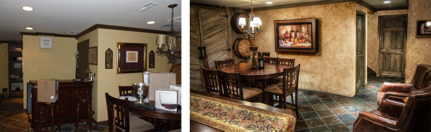 Before and After – European wine tasting room makeover for this Franklin, TN client. Authentic and Beautiful design.