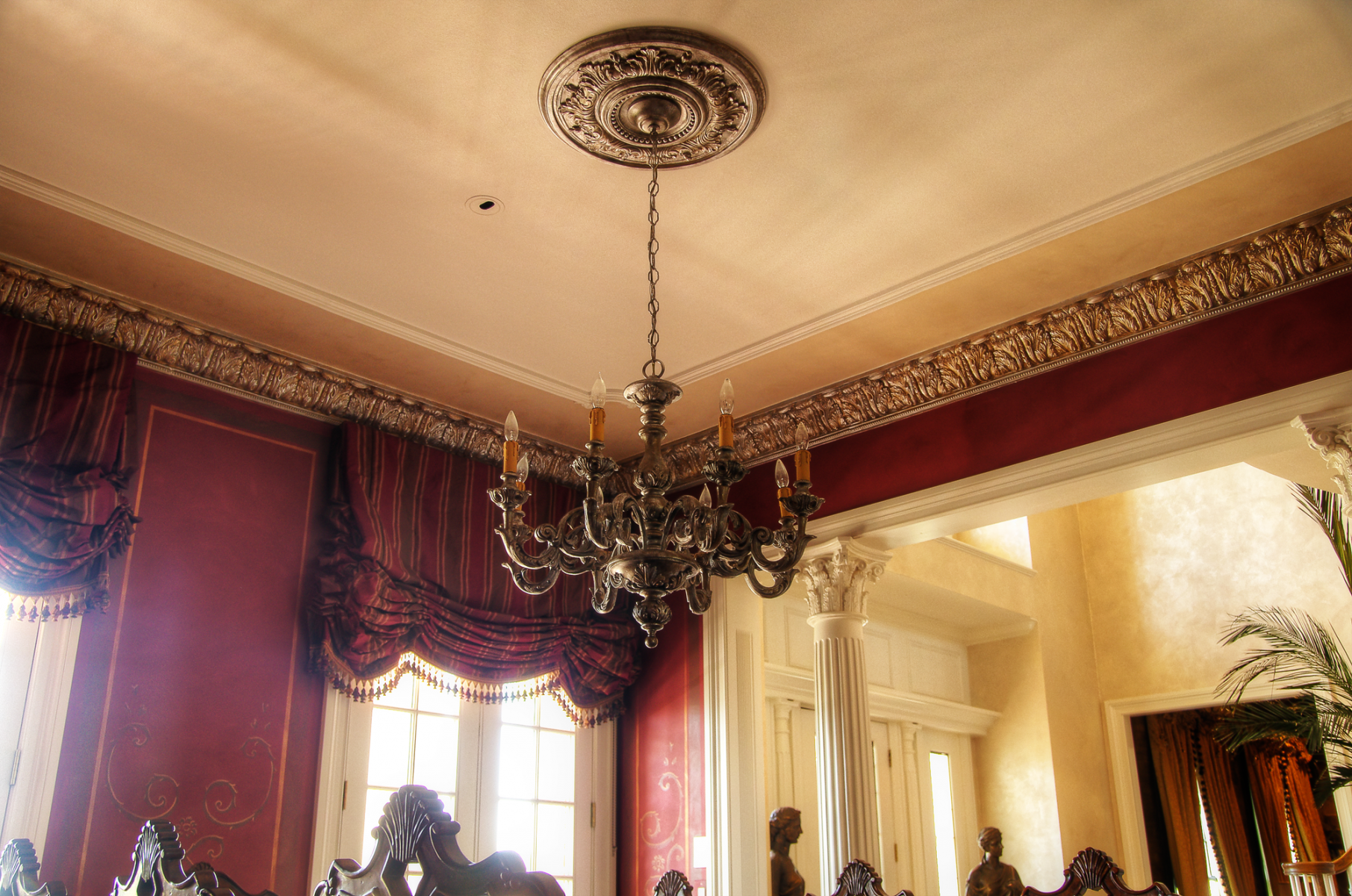 Faux metal plaster cornice, Lusterstone edging and refurbished chandelier