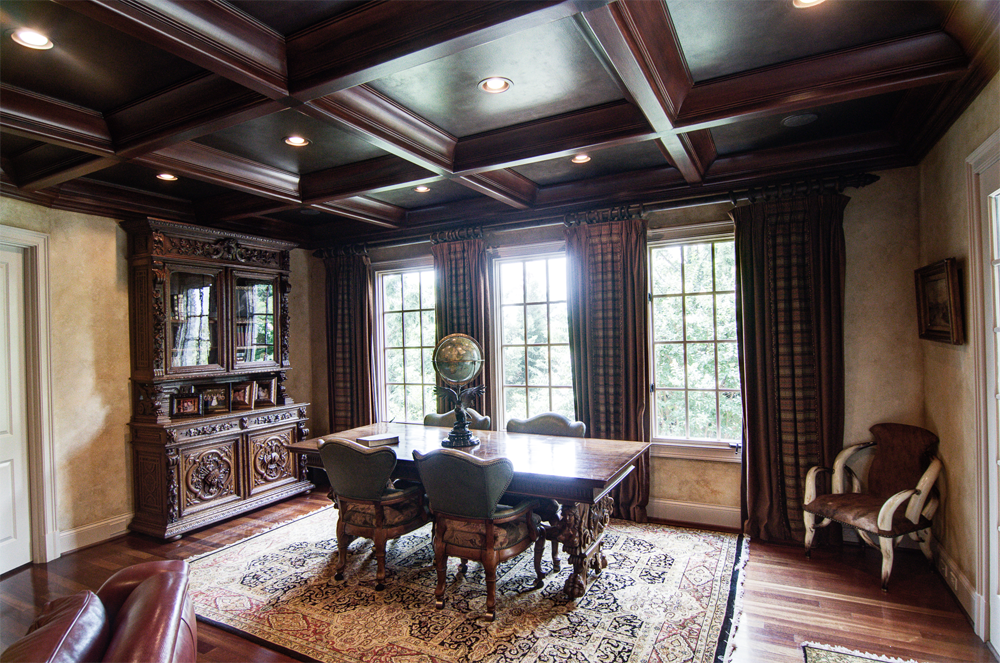Experience this Brentwood client’s family room/study with wood grained coffer ceiling, faux bronze metallic panels and Tuscan plaster walls.   Brilliant!
