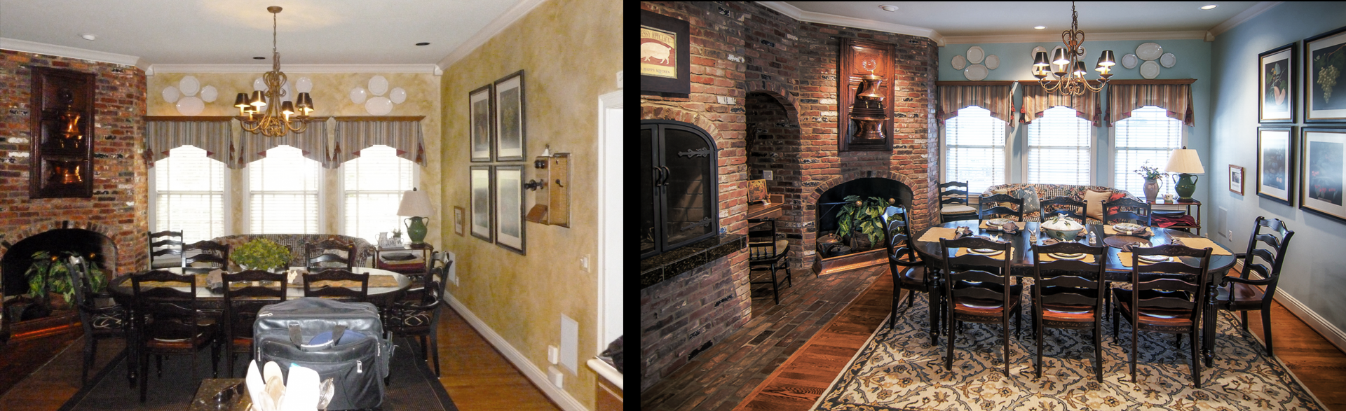 Before and After – We selecting the perfect color this Franklin, TN kitchen was transformed from this tired and dated faux finish to a beautiful modern space.