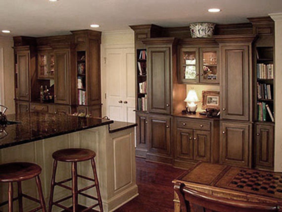 Warm colored French glaze on side cabinets