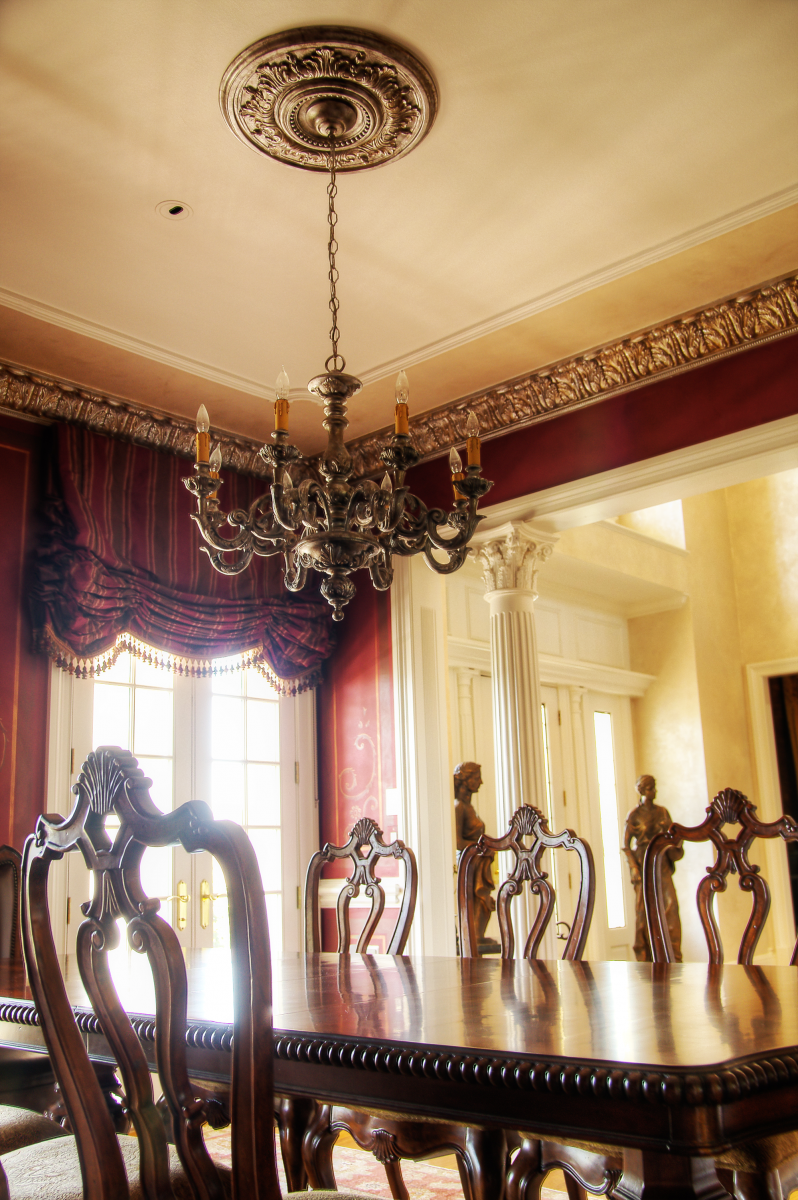 Faux metal plaster cornice, Lusterstone edging and refurbished chandelier