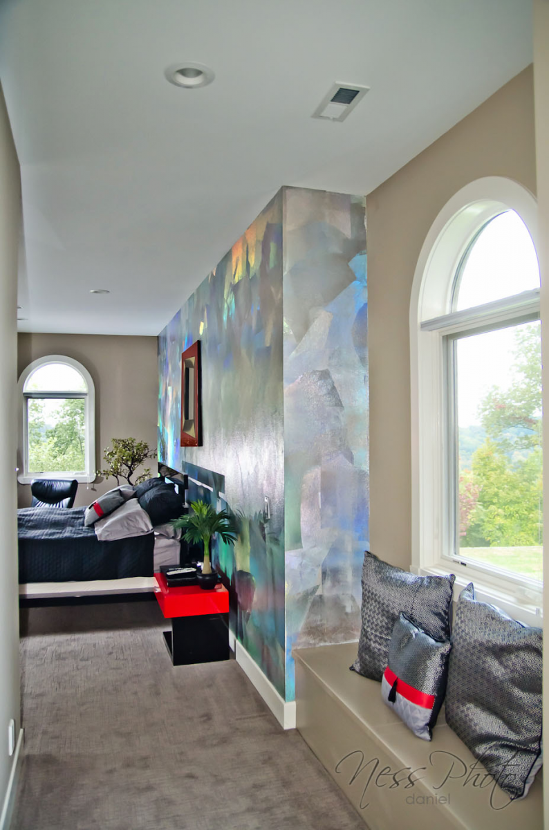 After – Contemporary room design using holographic foil, Venetian plaster feature walls and custom colored painted walls.