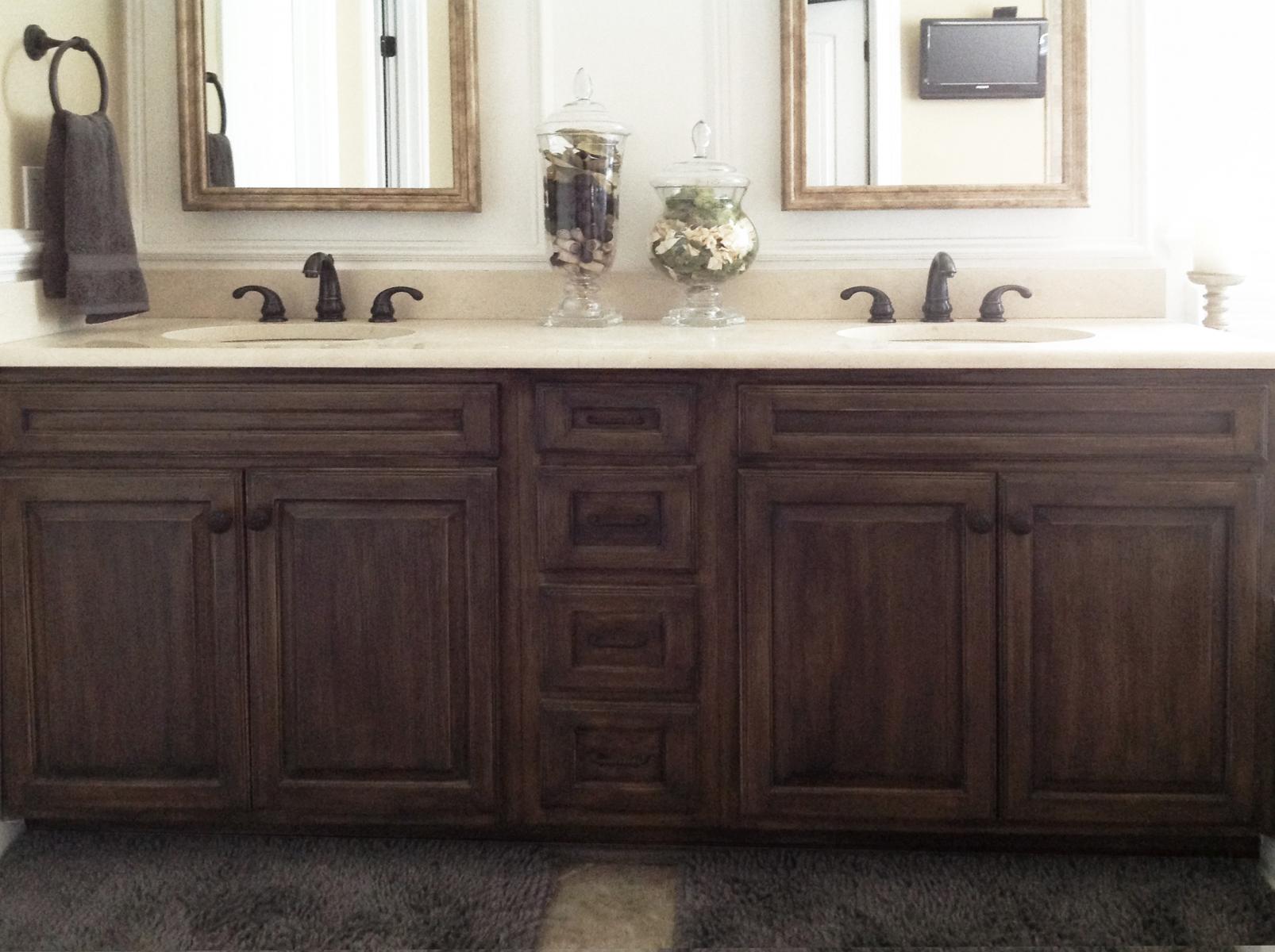 Rustic natural glaze applied to this master bath vanity