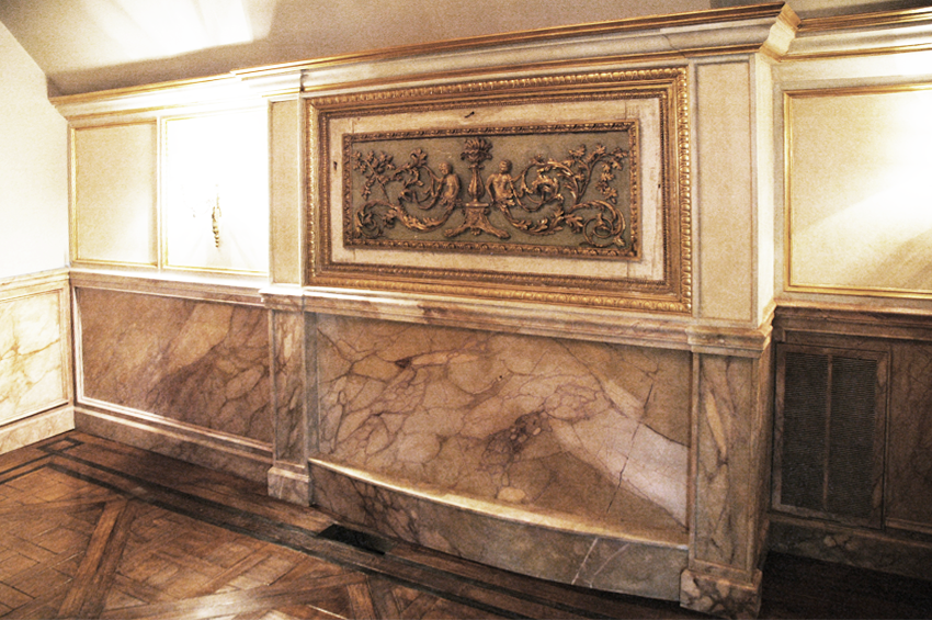 Faux marble wainscot, faux wood grained floor inlay and gold leaf mill-work trim from UA member Andrew Bruckman.
