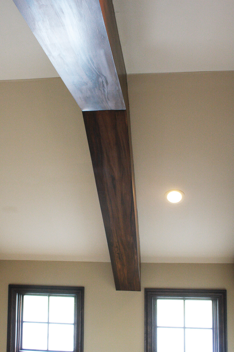 Faux wood grained great room ceiling.