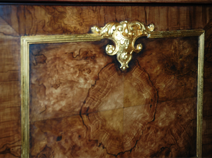 Faux burl wood panels with gold-leaf mill-work trim from Andrew Bruckman.