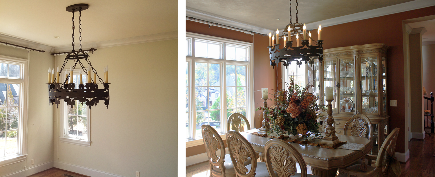 Before and After view of this dining rooms custom wall color with a shimmering accented ceiling.