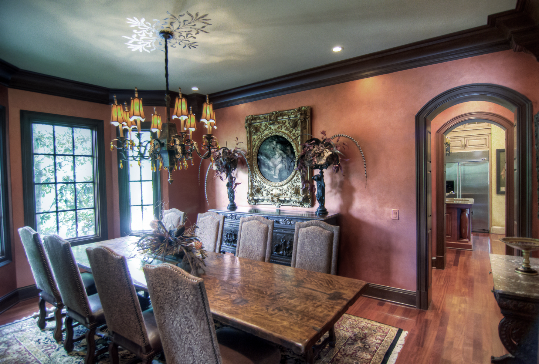 Diningroom Copper metallic wall glaze and wood glazed trim.