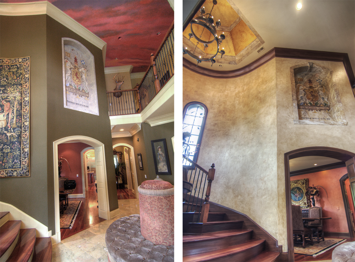 Before and After - Entry Hallway Makeover - French plaster walls and wall and ceiling murals.