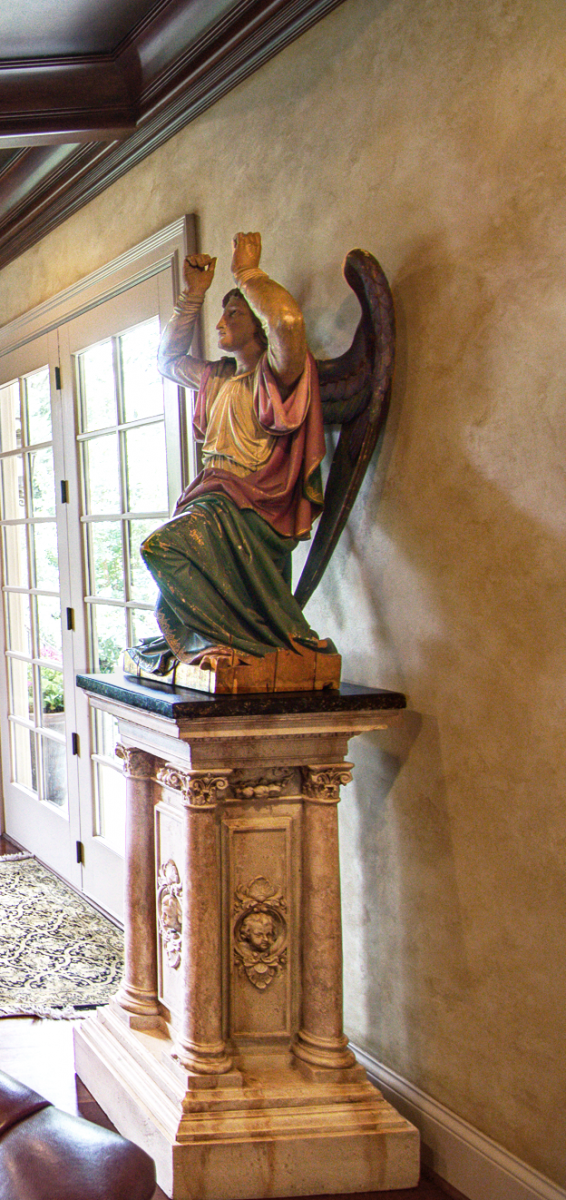 Faux stone base and faux marble top statue stand, wood grained coffer ceiling and Tuscan colored plastered walls for this Bentwood, TN client’s study.