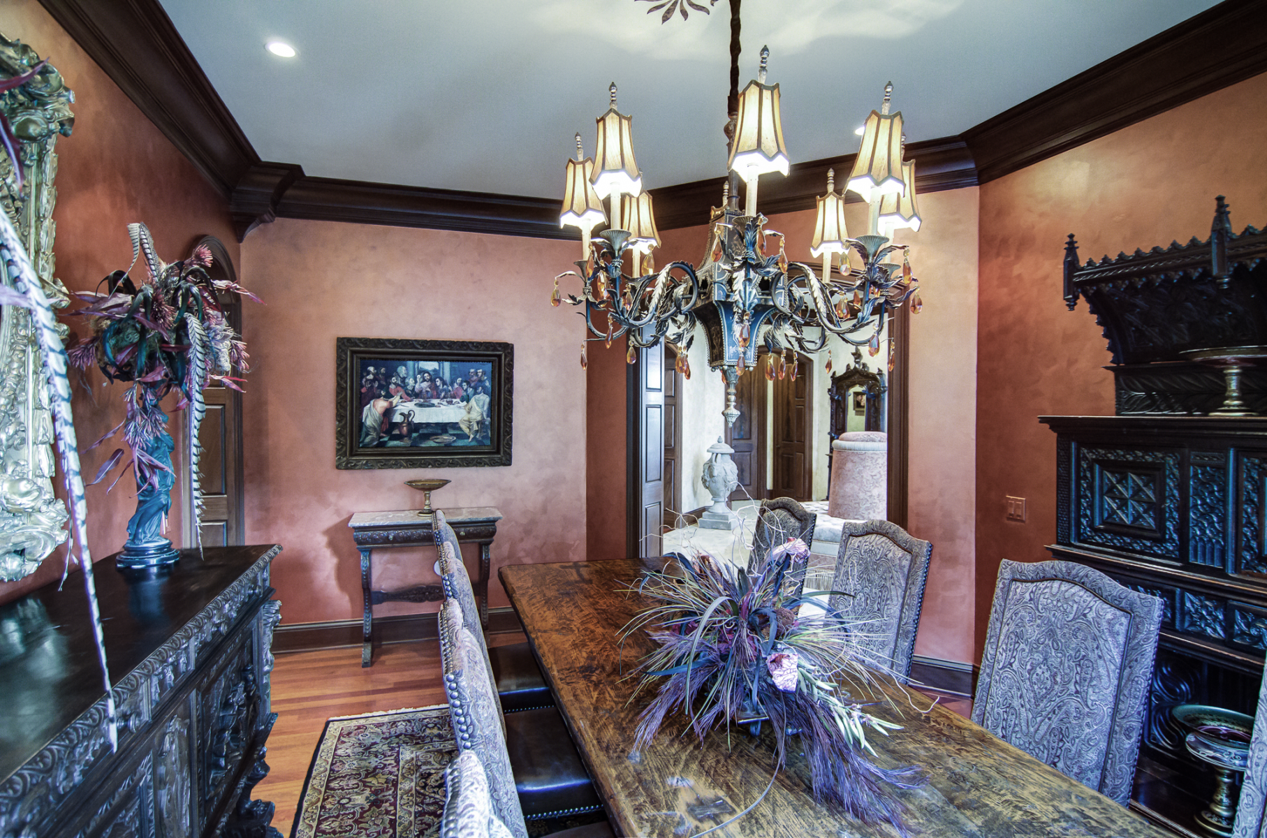 Diningroom Copper metallic wall glaze and wood glazed trim.