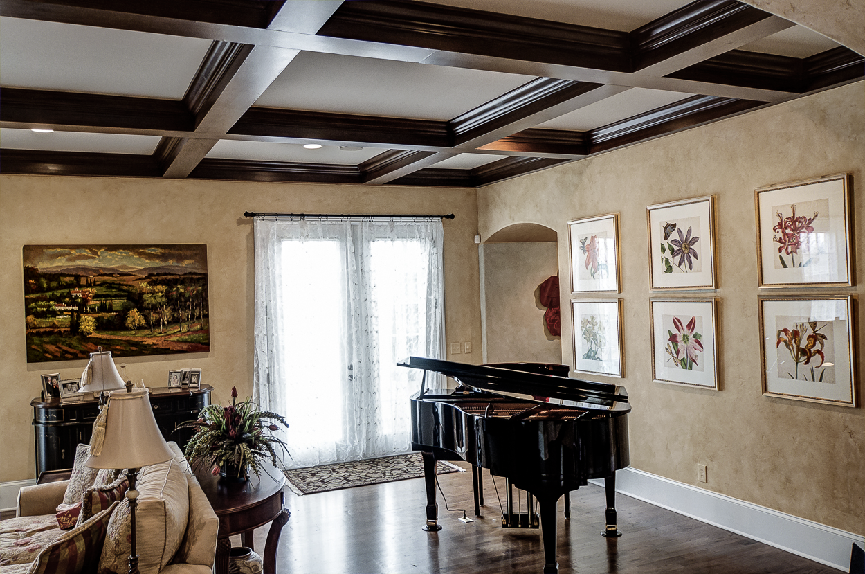 Custom colored French plaster walls and wood grained coffers makeover for this Franklin, TN customer’s family room.