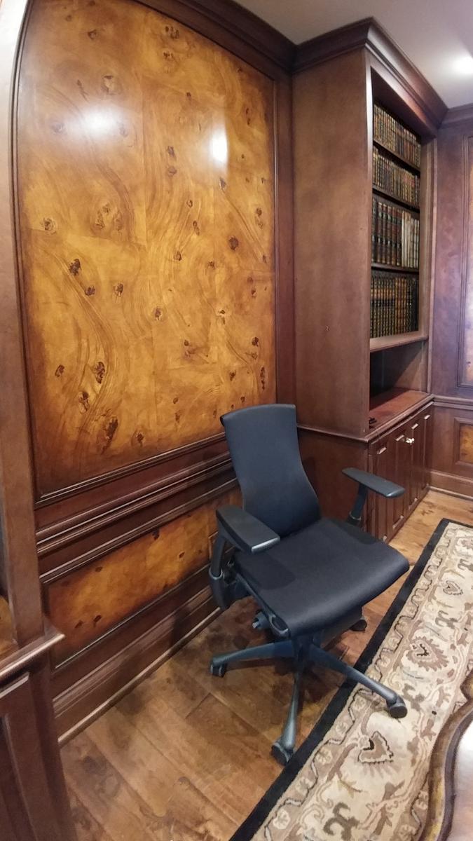 faux burl and wood grained panels and mahogany wood grained walls office view